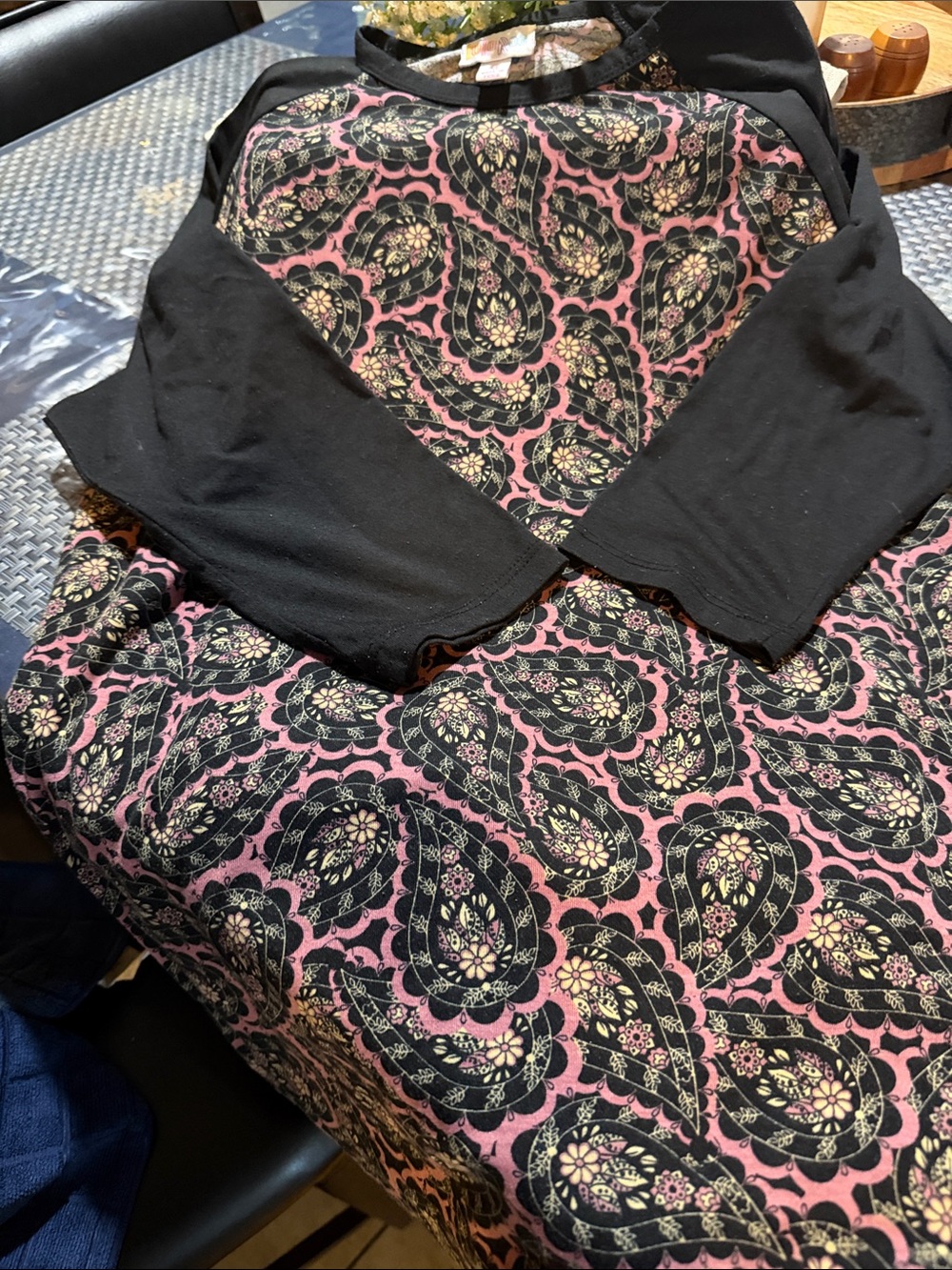 LuLaRoe Black Top with Pink and Cream Paisley Print